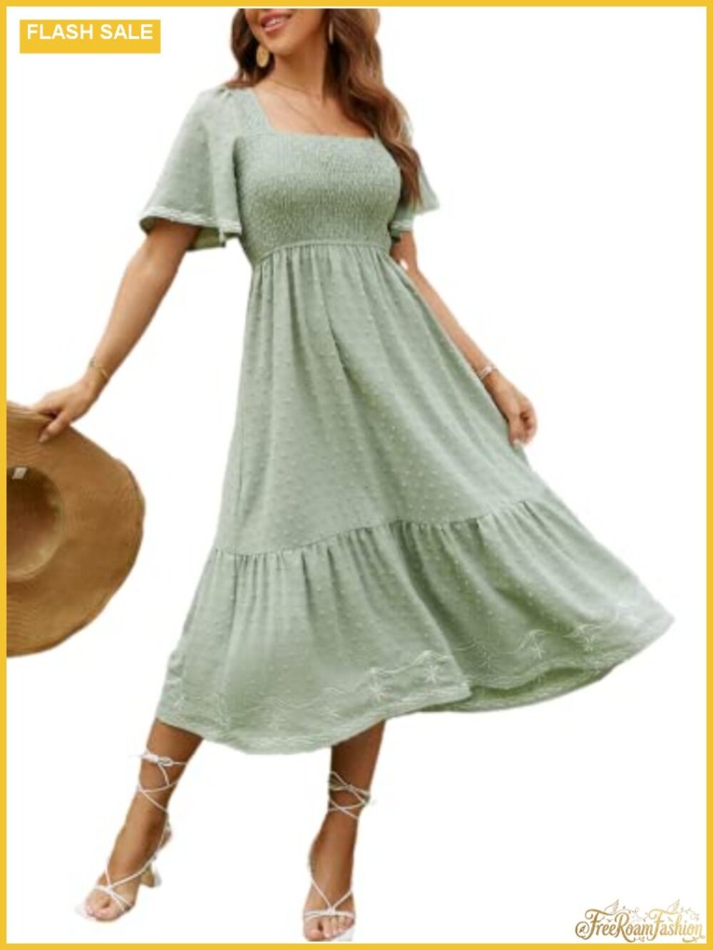 Women's Short Sleeve Smocked Square Neck A Line Flowy Maxi Long Dress